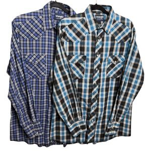 Wrangler Western Shirts Mens LT Tall Blue Black Plaid Pearl Snap Lot of 2